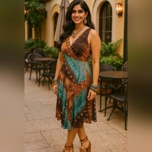 Source Unknown Asymmetrical Brown and Teal Dress